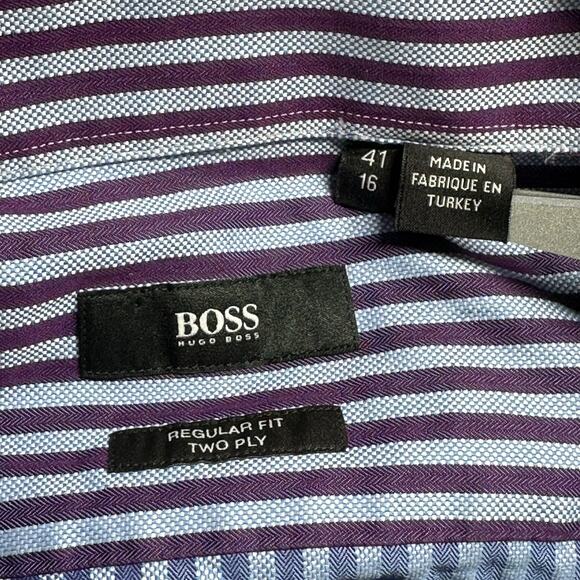 Hugo Boss Dress Shirt Mens 41 16 Purple Blue Stripe Gerald 100% Cotton Office‎ - Picture 3 of 9